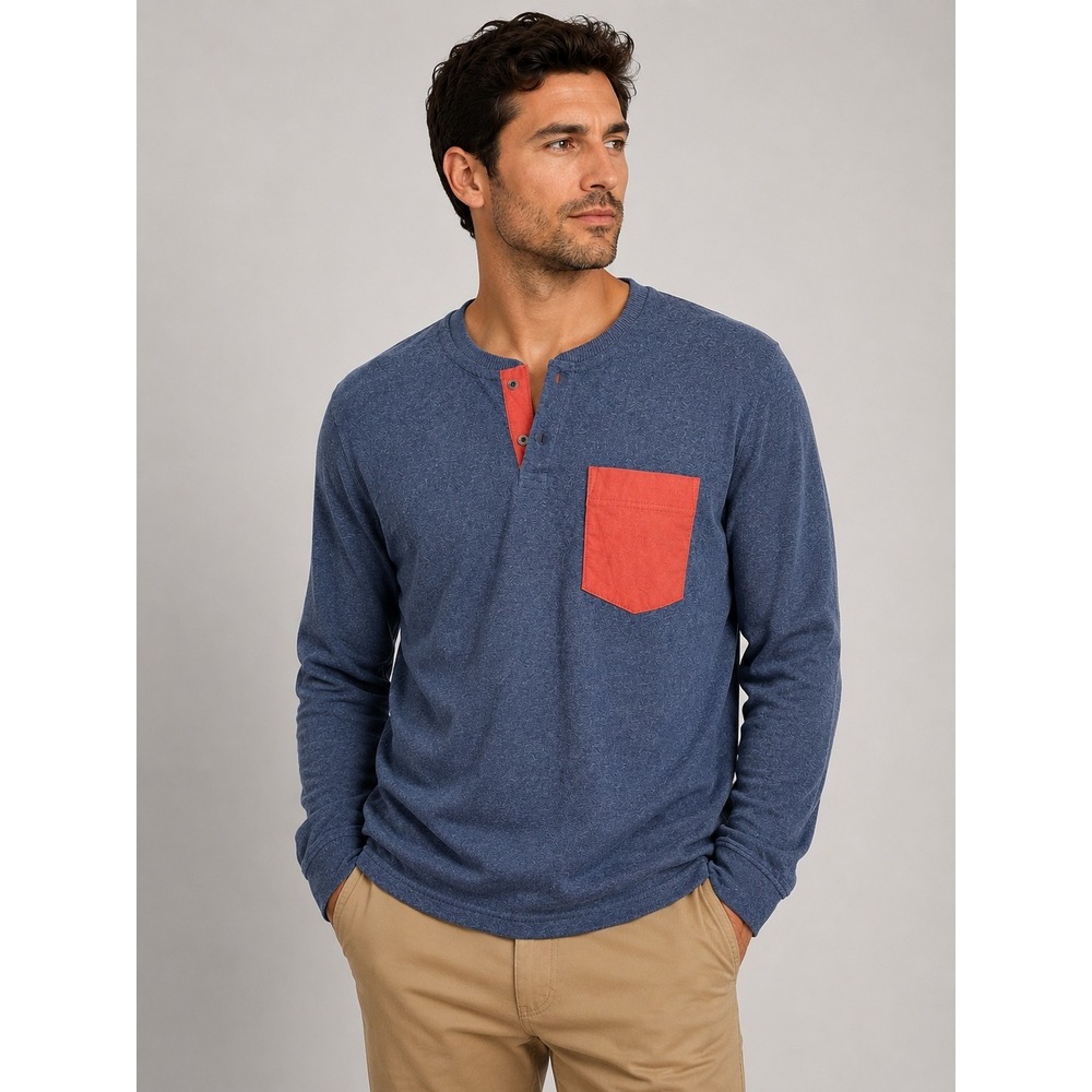 Eddie Bauer Mens Fleece Henley Long Sleeve Blue Orange Pocket Tall Large TL